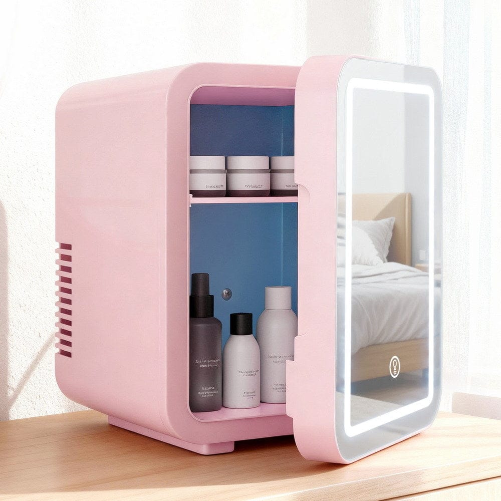 Glacio Mini Fridge Skincare Beauty Cooler Warmer LED Mirror 12V 220V Pink 4L - SportZone.co.nz
