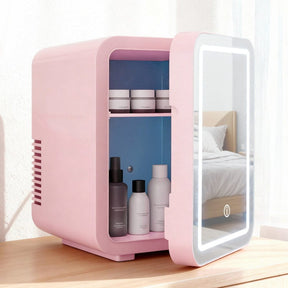 Glacio Mini Fridge Skincare Beauty Cooler Warmer LED Mirror 12V 220V Pink 4L - SportZone.co.nz