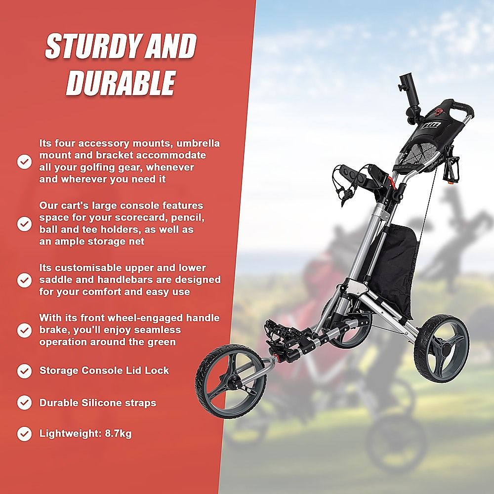 Golf Club Buggy Trolley Cart Compact Foldable 3 Wheel - SportZone.co.nz