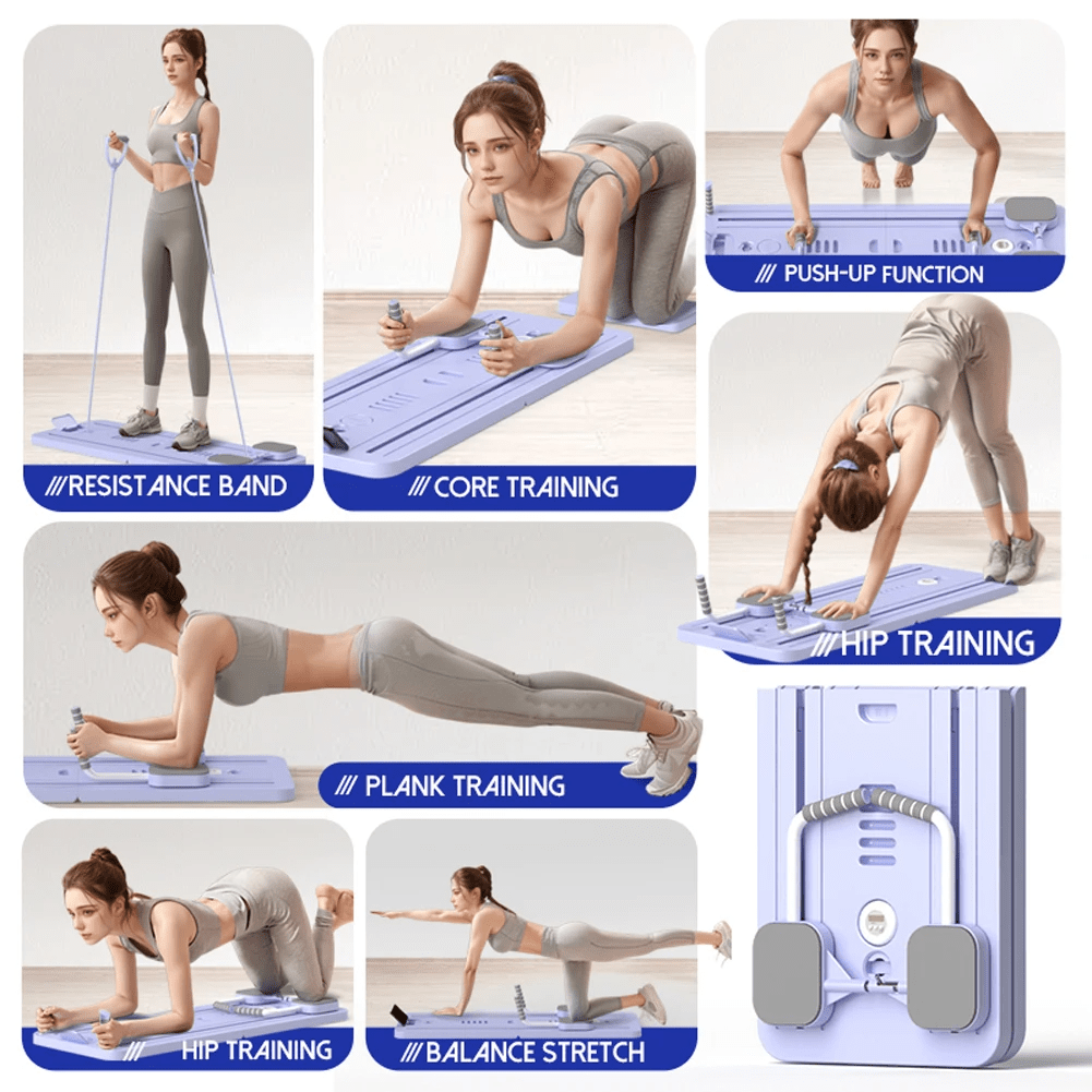 Grey Multi - functional Core Training Board with Digital Timer and Resistance Bands Foldable Fitness Panel for Home Abdominal and Pilates Workouts Solution - SportZone.co.nz