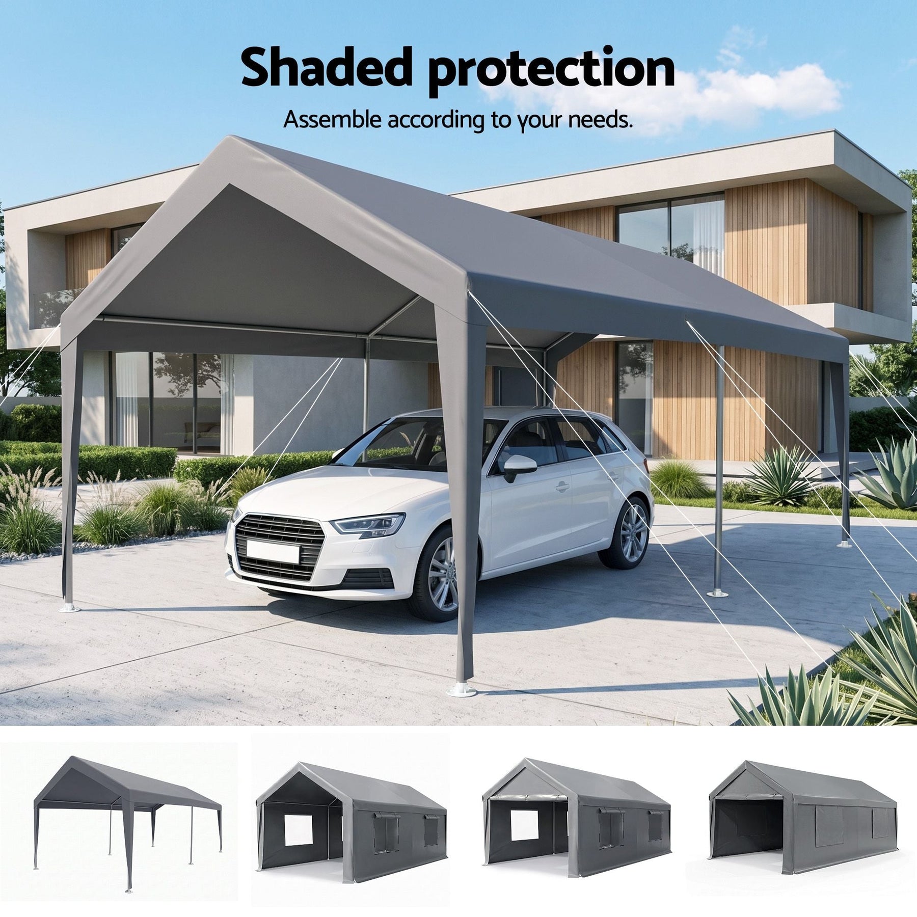 Instahut 3x6m Carports Canopy Tent Portable Garage Outdoor Steel Shelter Grey - SportZone.co.nz