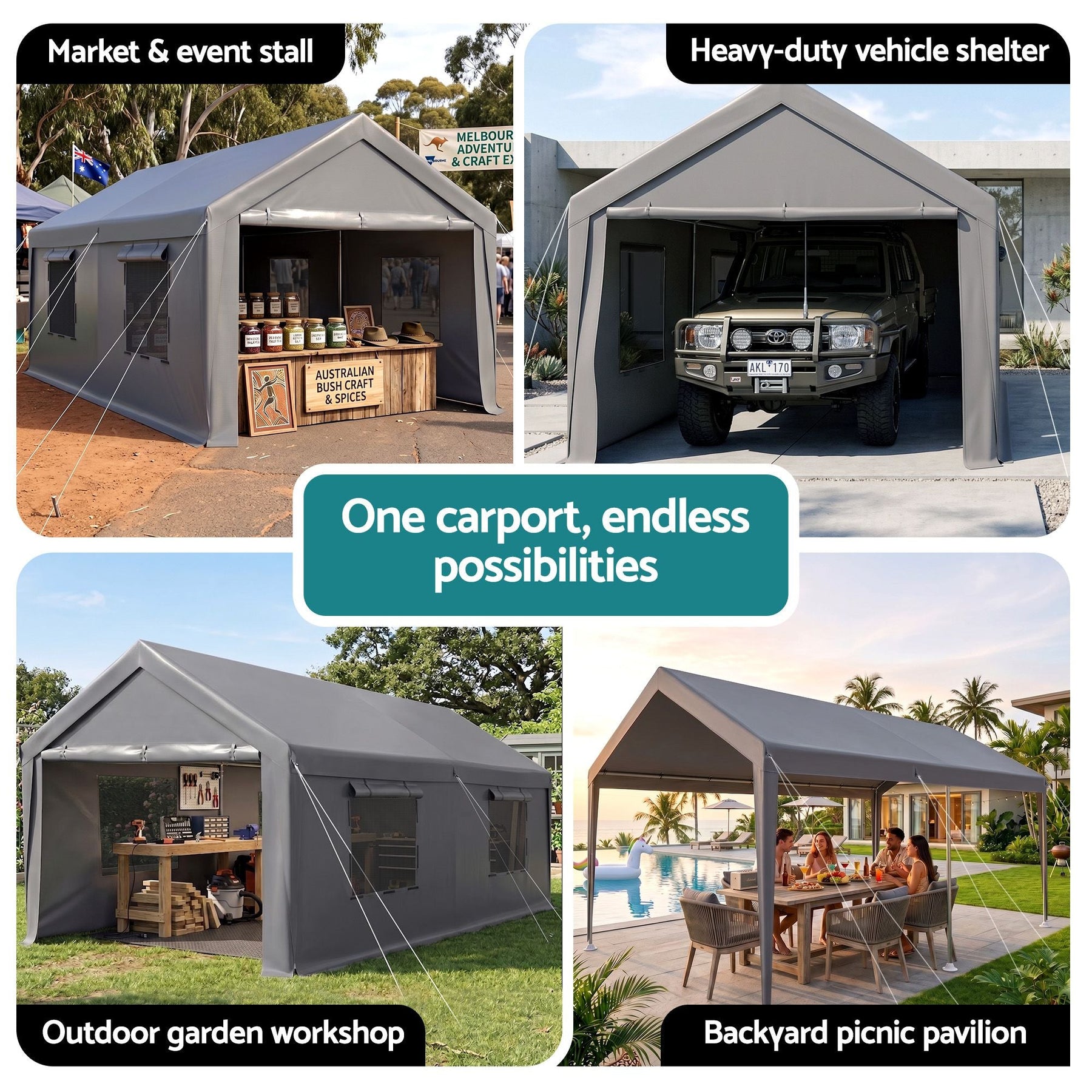 Instahut 3x6m Carports Canopy Tent Portable Garage Outdoor Steel Shelter Grey - SportZone.co.nz