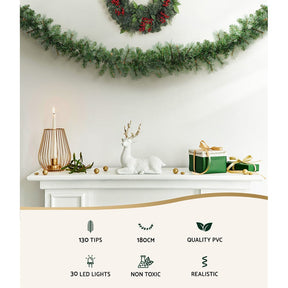 Jingle Jollys 1.8m Christmas Garland with LED lights Party Xmas Decorations - SportZone.co.nz