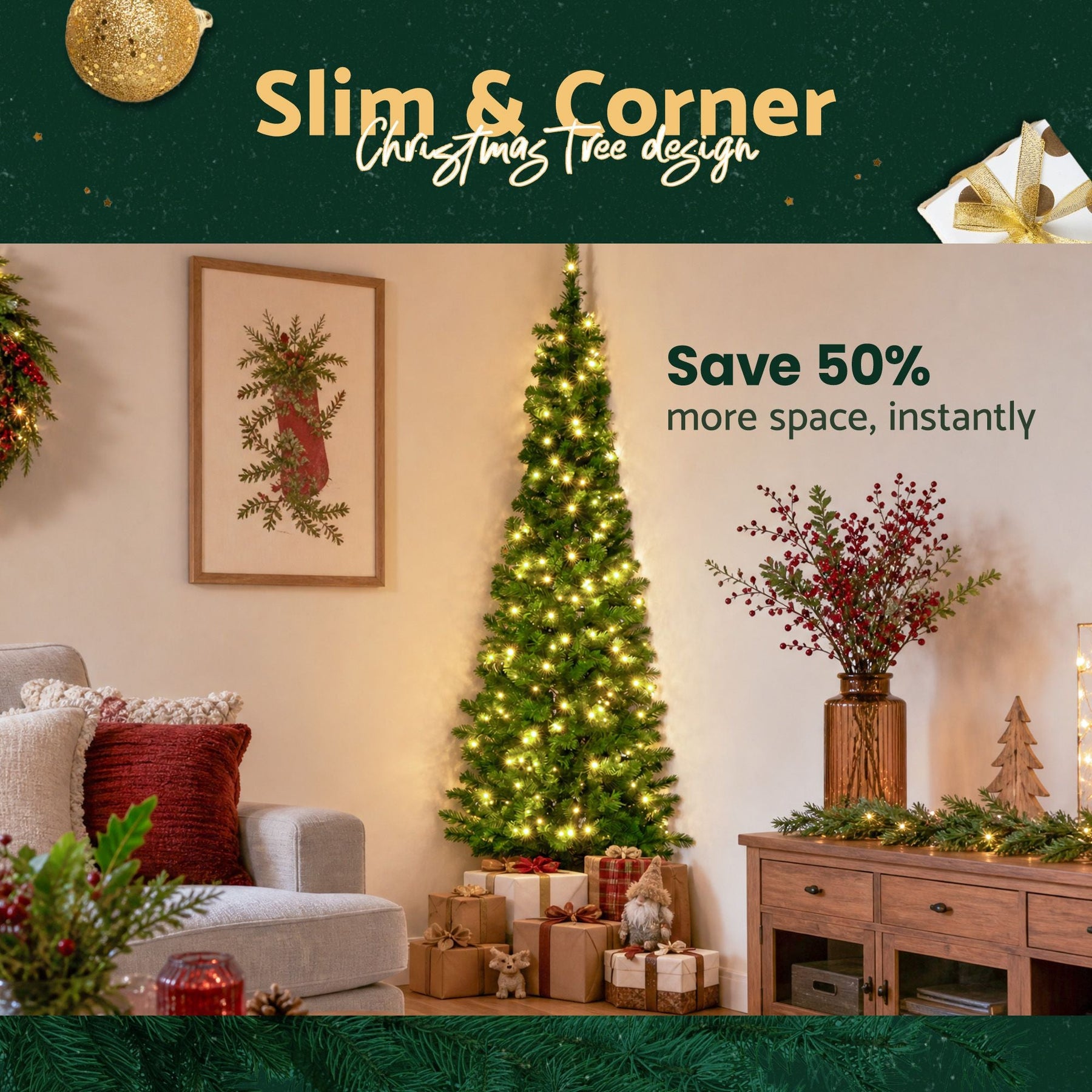 Jingle Jollys 1.8m Pre-Lit Christmas Tree Slim Pencil Xmas Tree Corner Tree - SportZone.co.nz