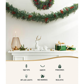 Jingle Jollys 2.4m Christmas Garland with LED Lights Decorations Xmas Party - SportZone.co.nz