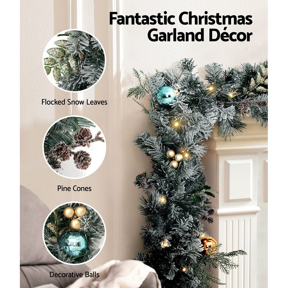 Jingle Jollys 2.7m Christmas Garland with Wreath Set LED Lights Snowy Xmas Decor - SportZone.co.nz
