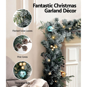 Jingle Jollys 2.7m Christmas Garland with Wreath Set LED Lights Snowy Xmas Decor - SportZone.co.nz