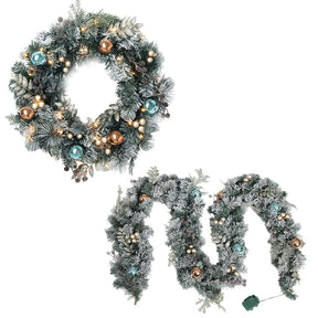 Jingle Jollys 2.7m Christmas Garland with Wreath Set LED Lights Snowy Xmas Decor - SportZone.co.nz