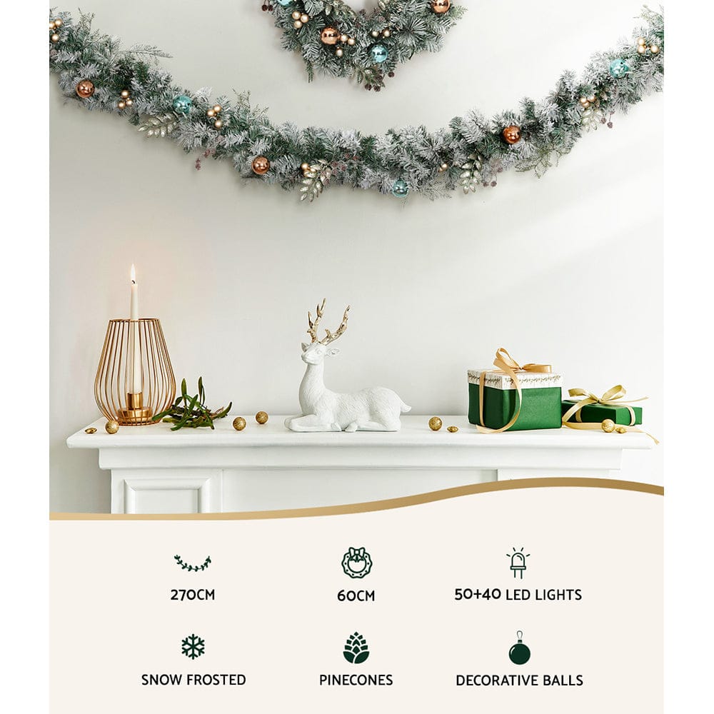 Jingle Jollys 2.7m Christmas Garland with Wreath Set LED Lights Snowy Xmas Decor - SportZone.co.nz