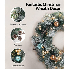 Jingle Jollys 2.7m Christmas Garland with Wreath Set LED Lights Snowy Xmas Decor - SportZone.co.nz