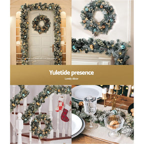 Jingle Jollys 2.7m Christmas Garland with Wreath Set LED Lights Snowy Xmas Decor - SportZone.co.nz