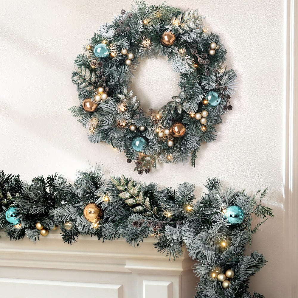 Jingle Jollys 2.7m Christmas Garland with Wreath Set LED Lights Snowy Xmas Decor - SportZone.co.nz