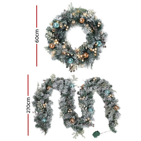 Jingle Jollys 2.7m Christmas Garland with Wreath Set LED Lights Snowy Xmas Decor - SportZone.co.nz