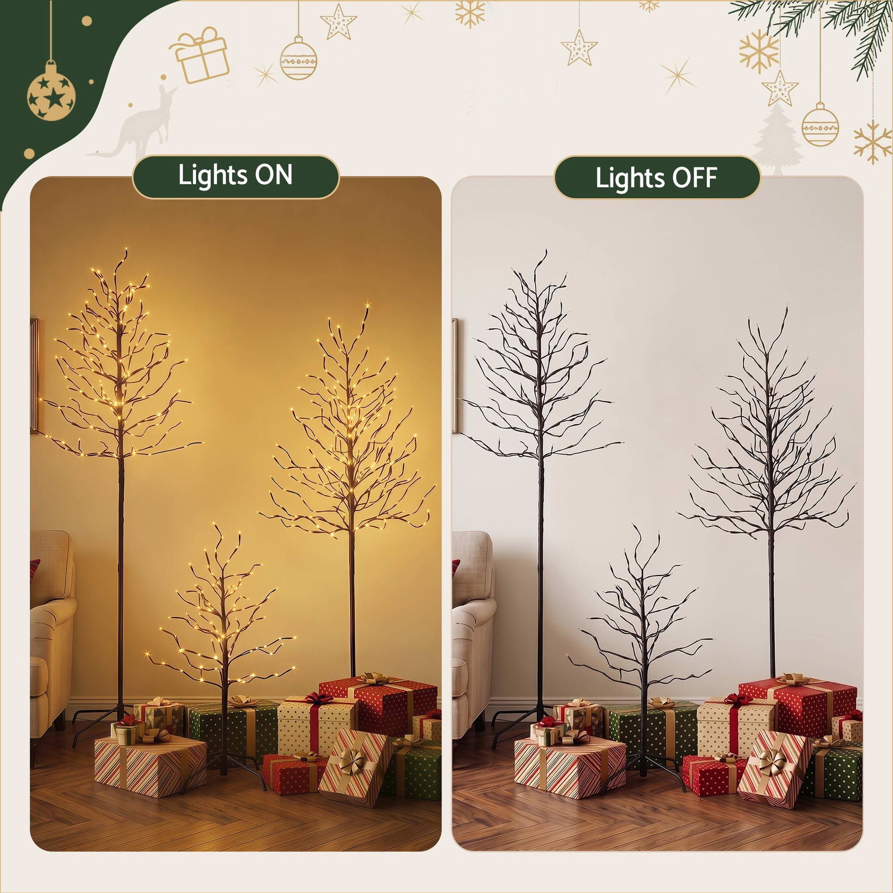 Jingle Jollys 3 Pack LED Christmas Tree Lighted Birch Tree Indoor Outdoor Xmas Decor Warm White - SportZone.co.nz