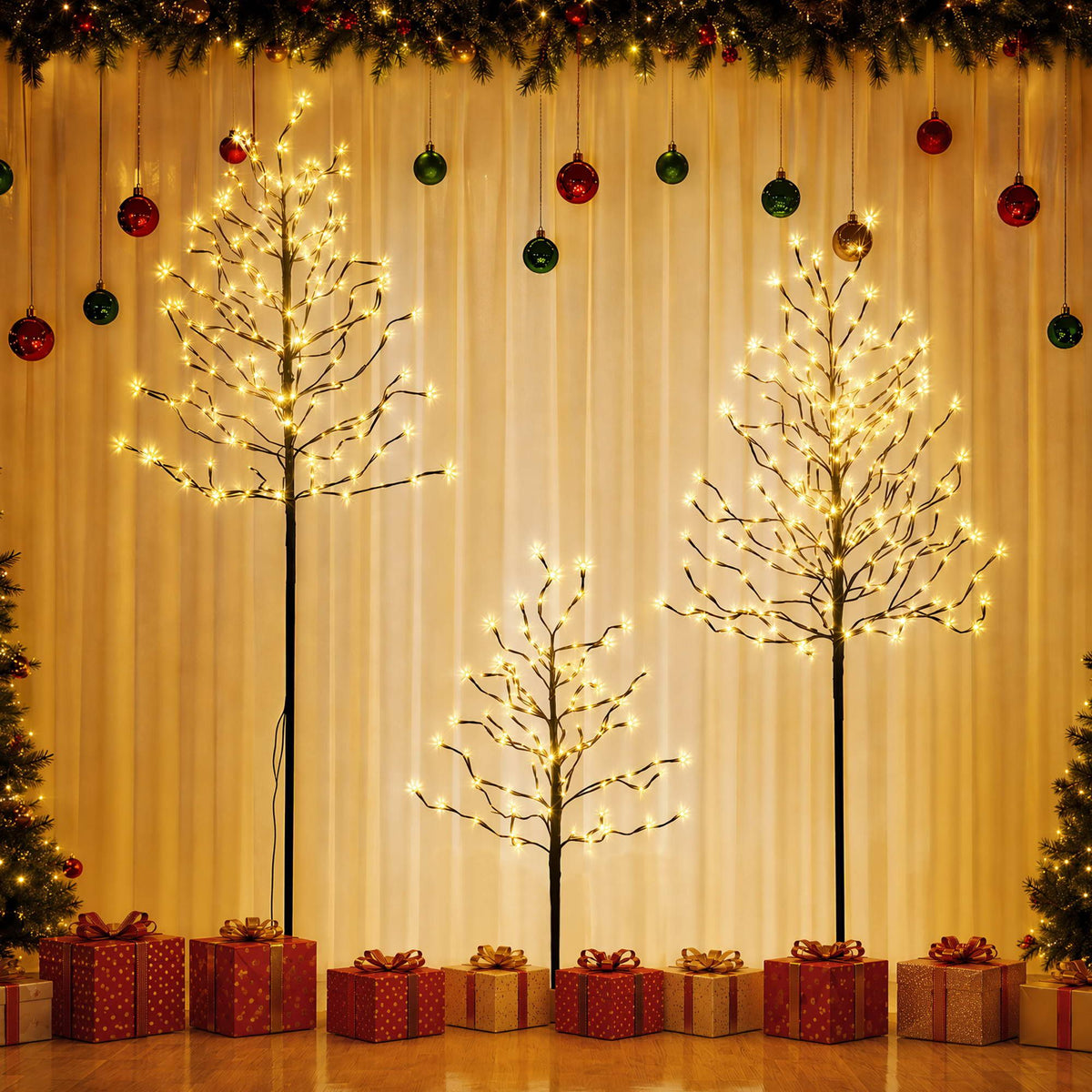 Jingle Jollys 3 Pack LED Christmas Tree Lighted Birch Tree Indoor Outdoor Xmas Decor Warm White - SportZone.co.nz