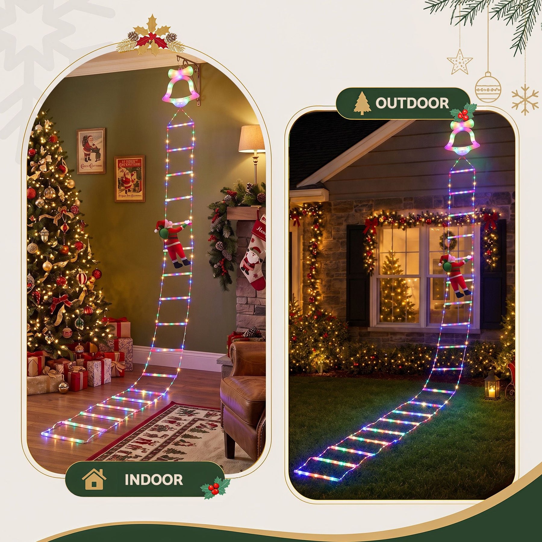 Jingle Jollys 3.5M Christmas Lights 300 LED Ladder Light with Santa Claus Decor - SportZone.co.nz