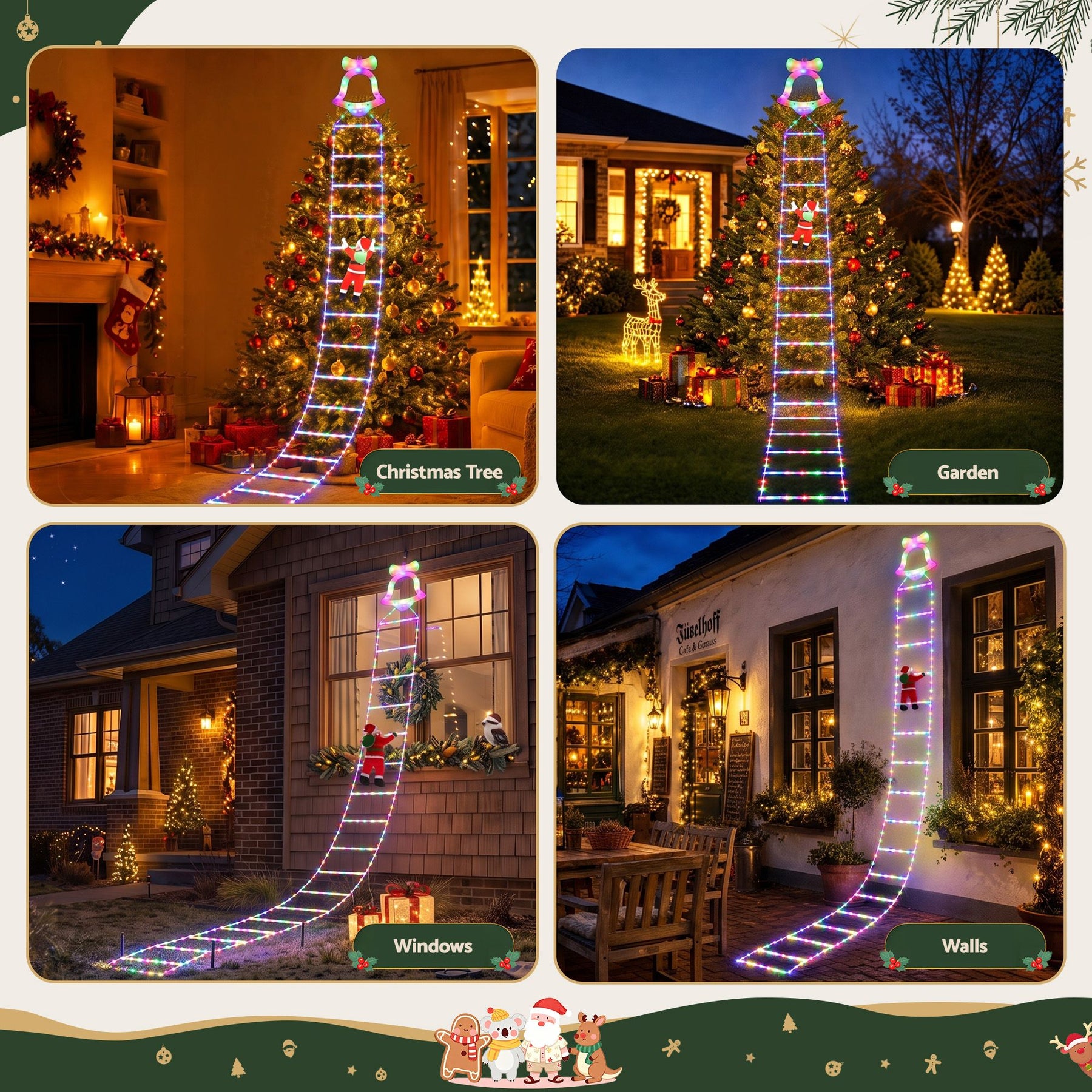 Jingle Jollys 3.5M Christmas Lights 300 LED Ladder Light with Santa Claus Decor - SportZone.co.nz