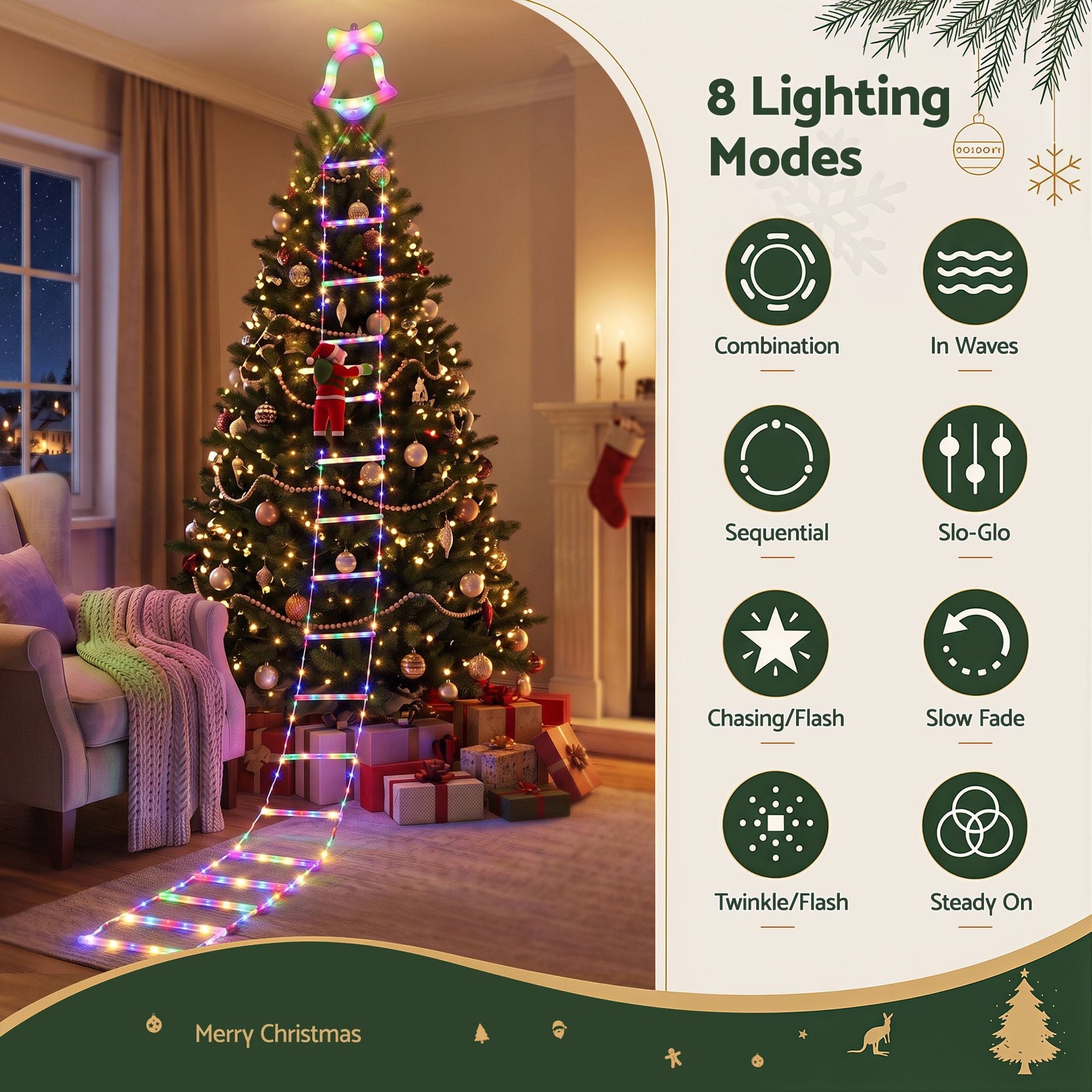 Jingle Jollys 3.5M Christmas Lights 300 LED Ladder Light with Santa Claus Decor - SportZone.co.nz