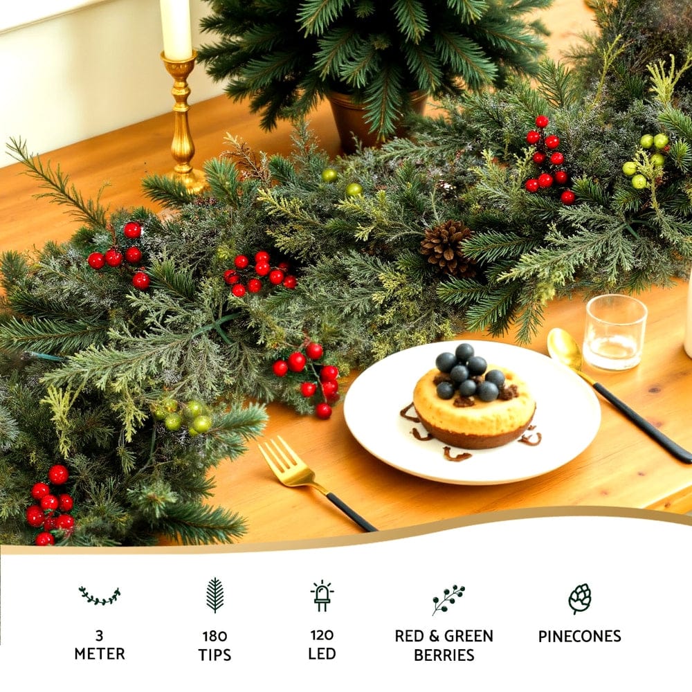 Jingle Jollys 3M Christmas Garland Pre-lit LED with Pine Cones Xmas Decor Green - SportZone.co.nz