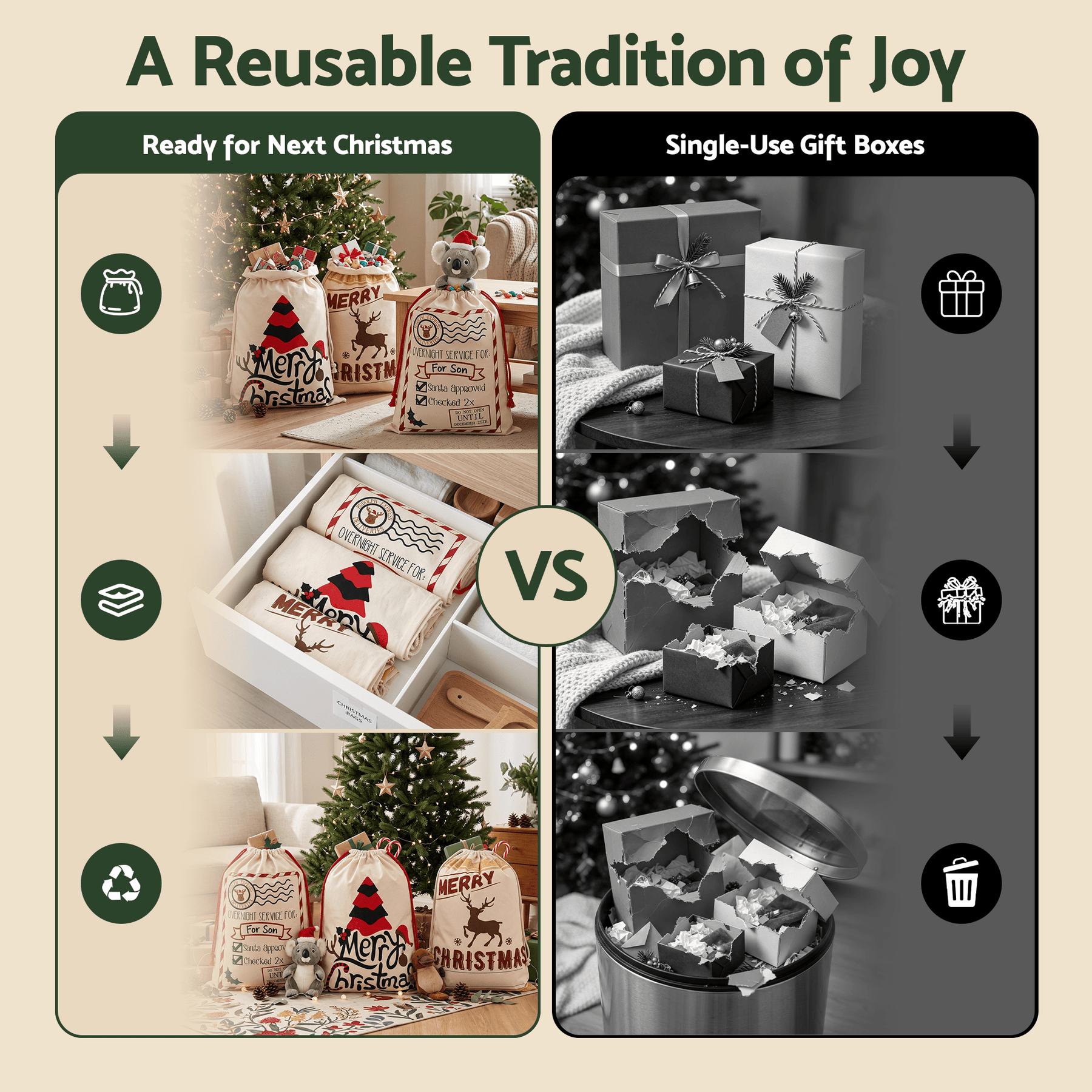 Jingle Jollys 3PCS Christmas Santa Sacks Large Reusable Personalised Canvas Gift Storage Bags - SportZone.co.nz