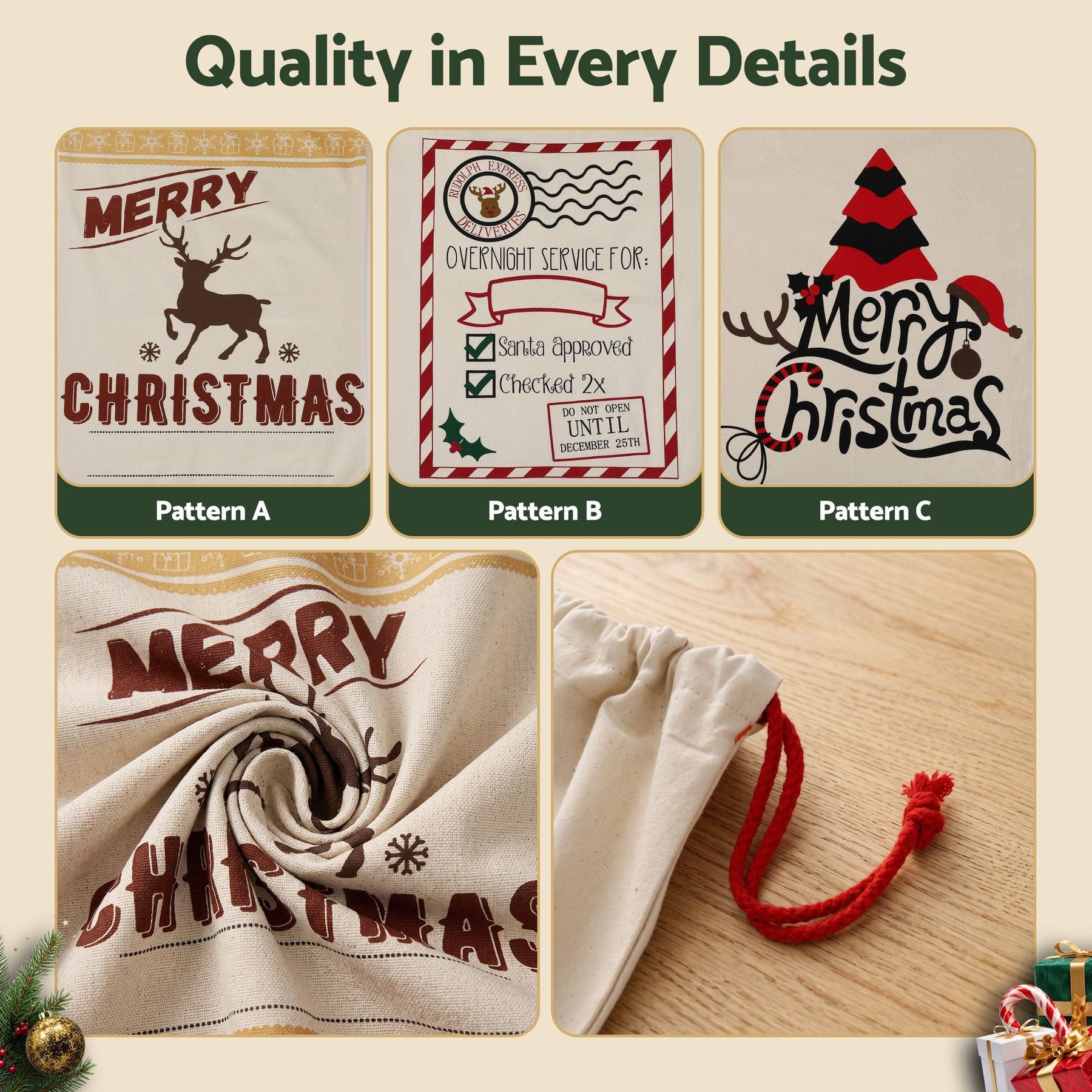 Jingle Jollys 3PCS Christmas Santa Sacks Large Reusable Personalised Canvas Gift Storage Bags - SportZone.co.nz