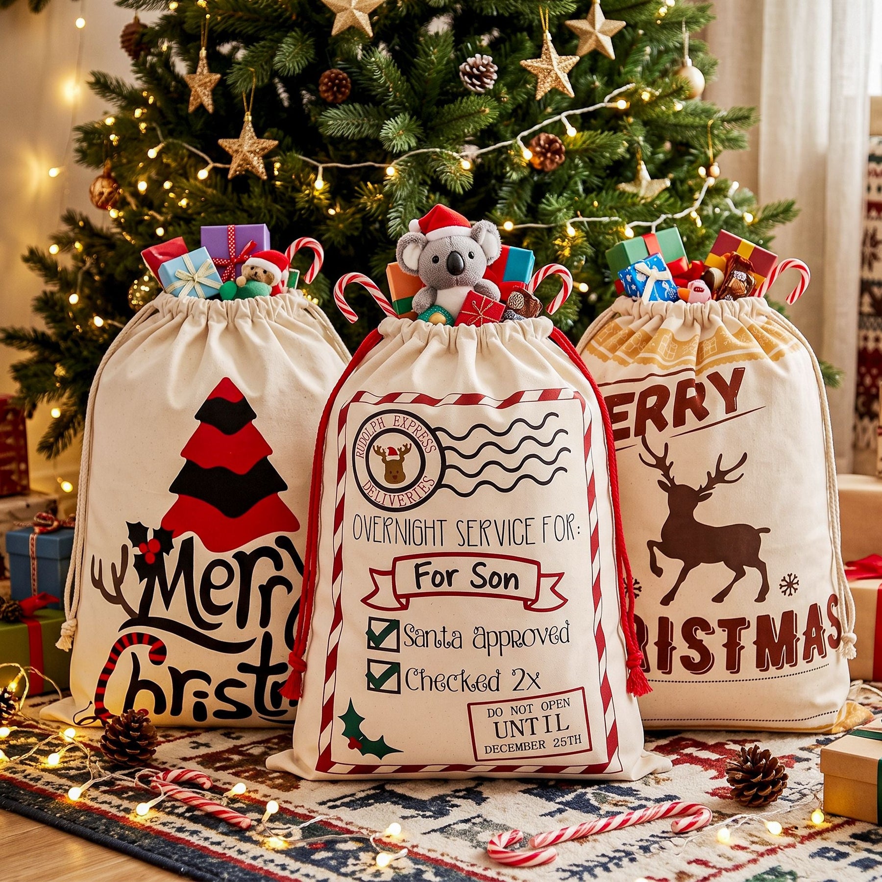Jingle Jollys 3PCS Christmas Santa Sacks Large Reusable Personalised Canvas Gift Storage Bags - SportZone.co.nz