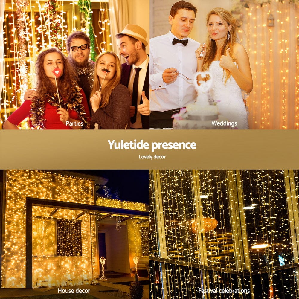 Jingle Jollys 3X3M Christmas Lights Curtain String Light 300 LED Warm White - SportZone.co.nz