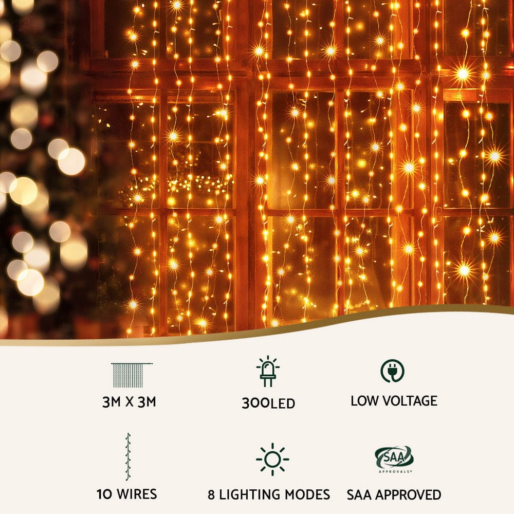 Jingle Jollys 3X3M Christmas Lights Curtain String Light 300 LED Warm White - SportZone.co.nz