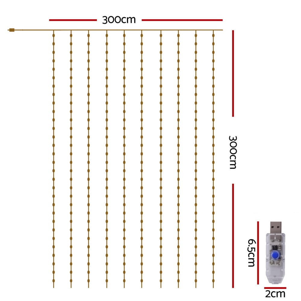 Jingle Jollys 3X3M Christmas Lights Curtain String Light 300 LED Warm White - SportZone.co.nz
