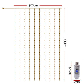 Jingle Jollys 3X3M Christmas Lights Curtain String Light 300 LED Warm White - SportZone.co.nz