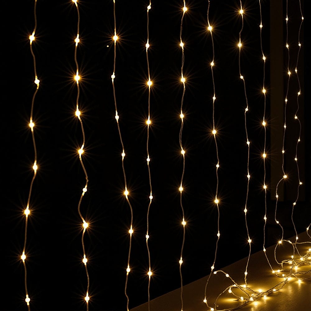 Jingle Jollys 3X3M Christmas Lights Curtain String Light 300 LED Warm White - SportZone.co.nz