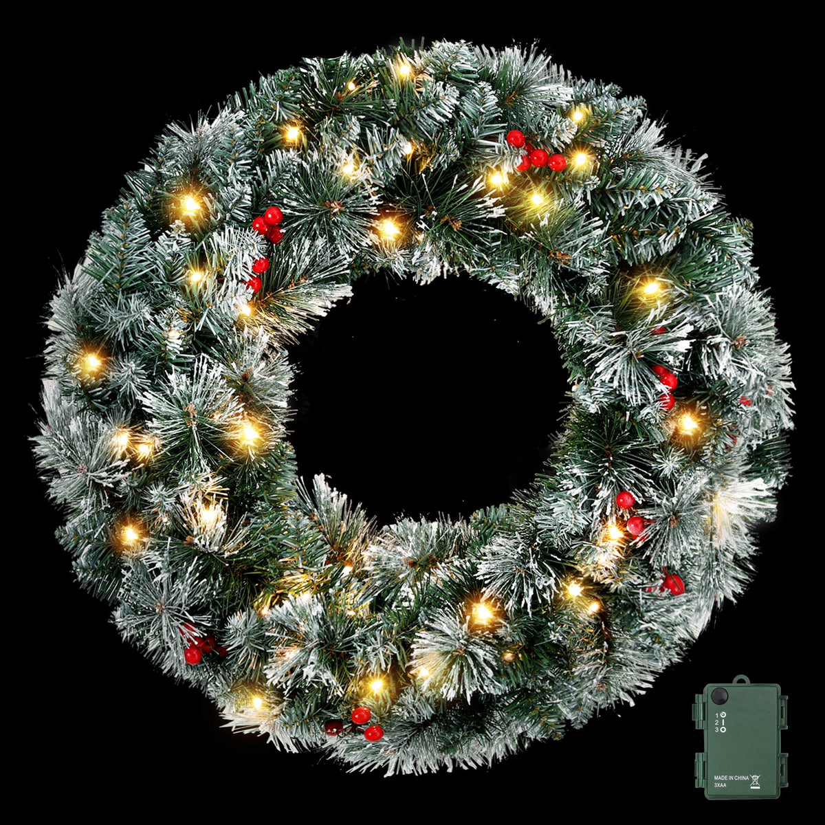 Jingle Jollys 60cm Christmas Wreath LED Lights Snowy Berries Garland Party Decor - SportZone.co.nz