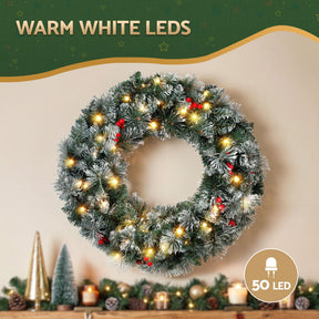 Jingle Jollys 60cm Christmas Wreath LED Lights Snowy Berries Garland Party Decor - SportZone.co.nz