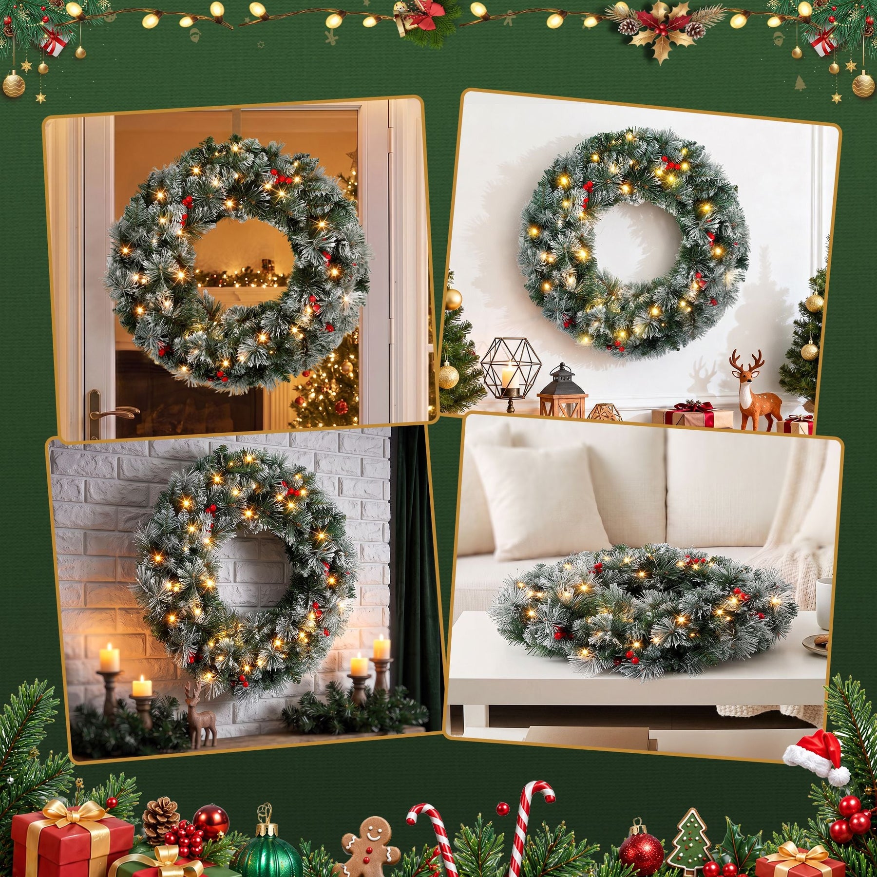Jingle Jollys 60cm Christmas Wreath LED Lights Snowy Berries Garland Party Decor - SportZone.co.nz