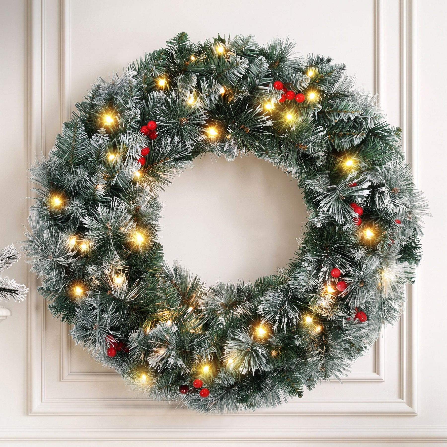Jingle Jollys 60cm Christmas Wreath LED Lights Snowy Berries Garland Party Decor - SportZone.co.nz