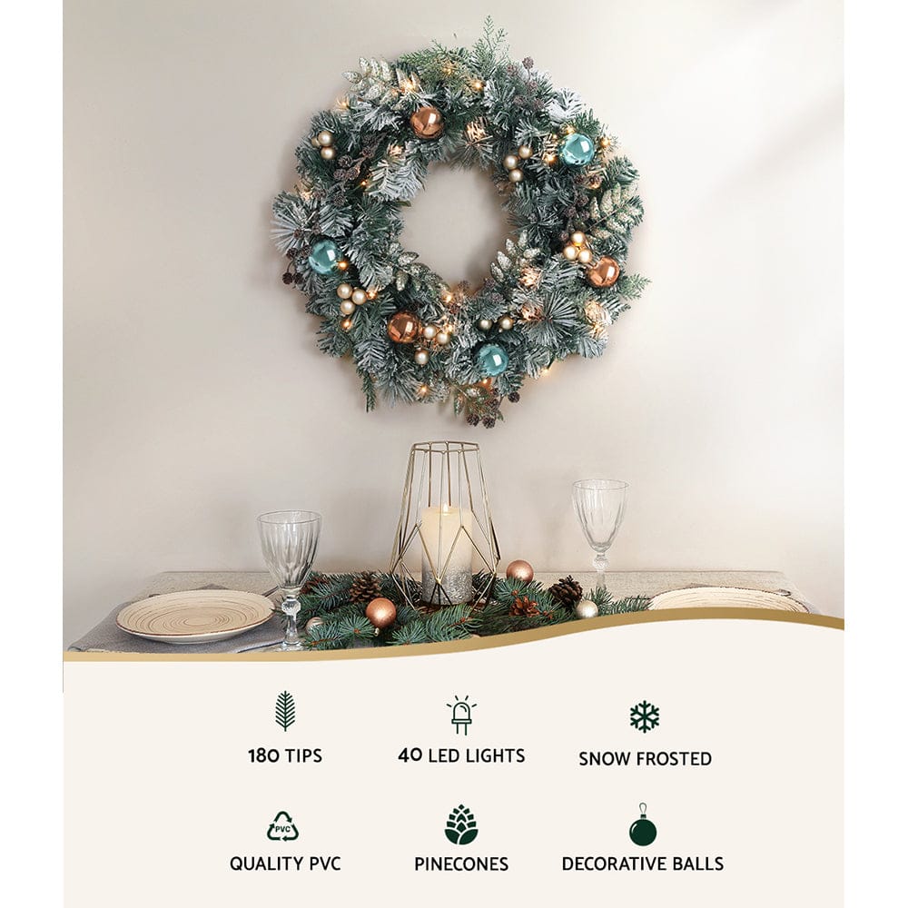 Jingle Jollys 60cm Christmas Wreath with LED Lights Snowy Garland Xmas Decor - SportZone.co.nz