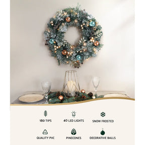Jingle Jollys 60cm Christmas Wreath with LED Lights Snowy Garland Xmas Decor - SportZone.co.nz