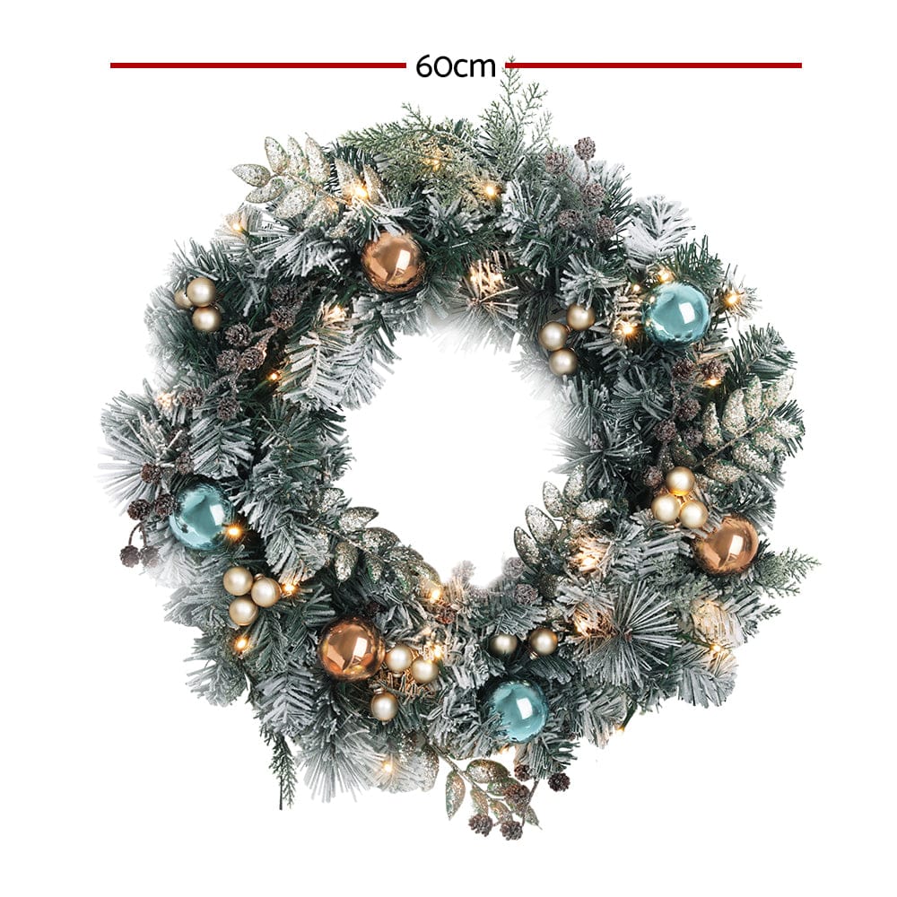 Jingle Jollys 60cm Christmas Wreath with LED Lights Snowy Garland Xmas Decor - SportZone.co.nz