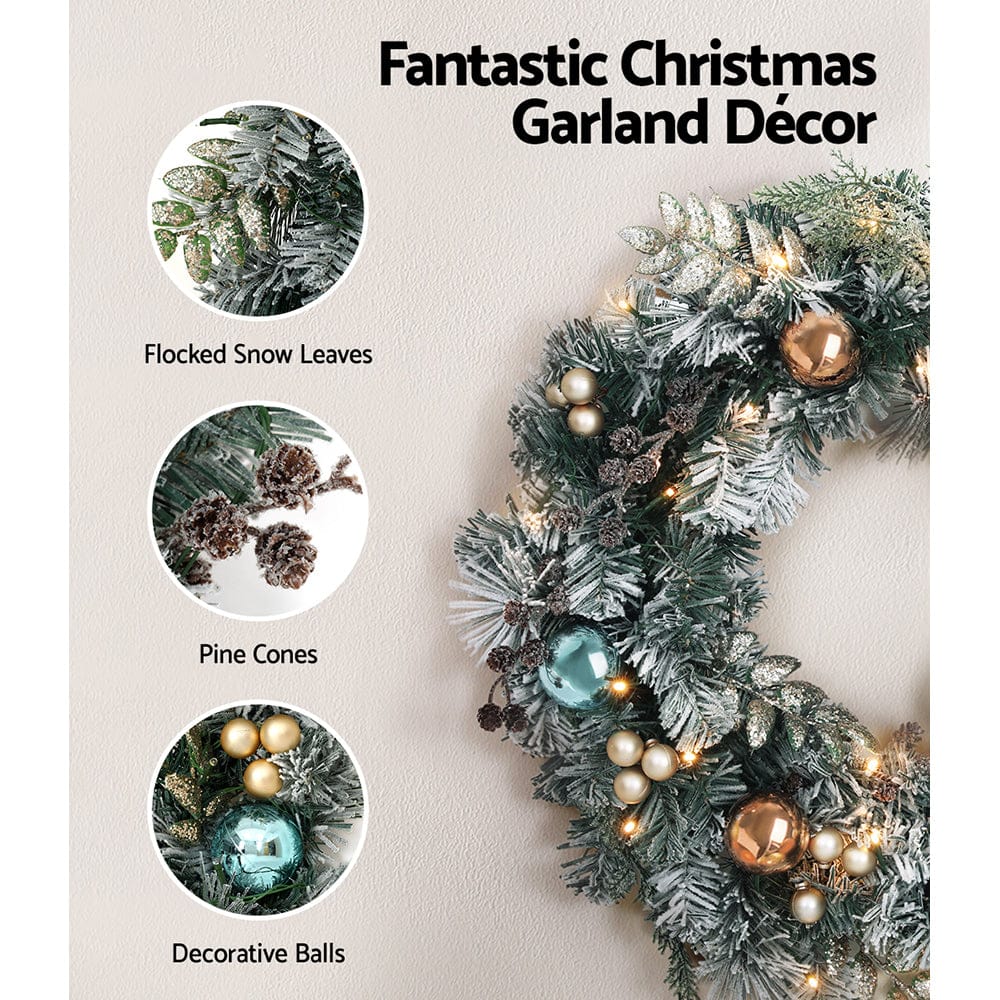 Jingle Jollys 60cm Christmas Wreath with LED Lights Snowy Garland Xmas Decor - SportZone.co.nz
