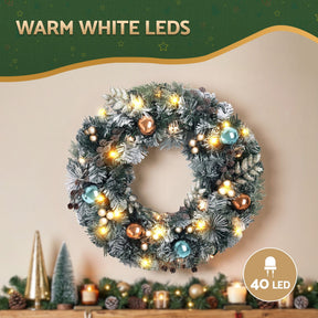 Jingle Jollys 60cm Christmas Wreath with LED Lights Snowy Garland Xmas Decor - SportZone.co.nz