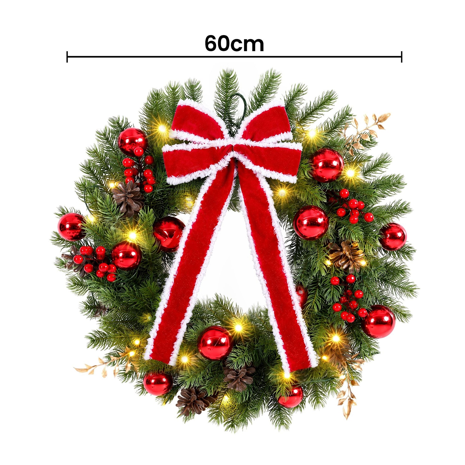 Jingle Jollys 60cm Pre-lit Christmas Wreath Garlands LED Light Front Door Decor Bow - SportZone.co.nz