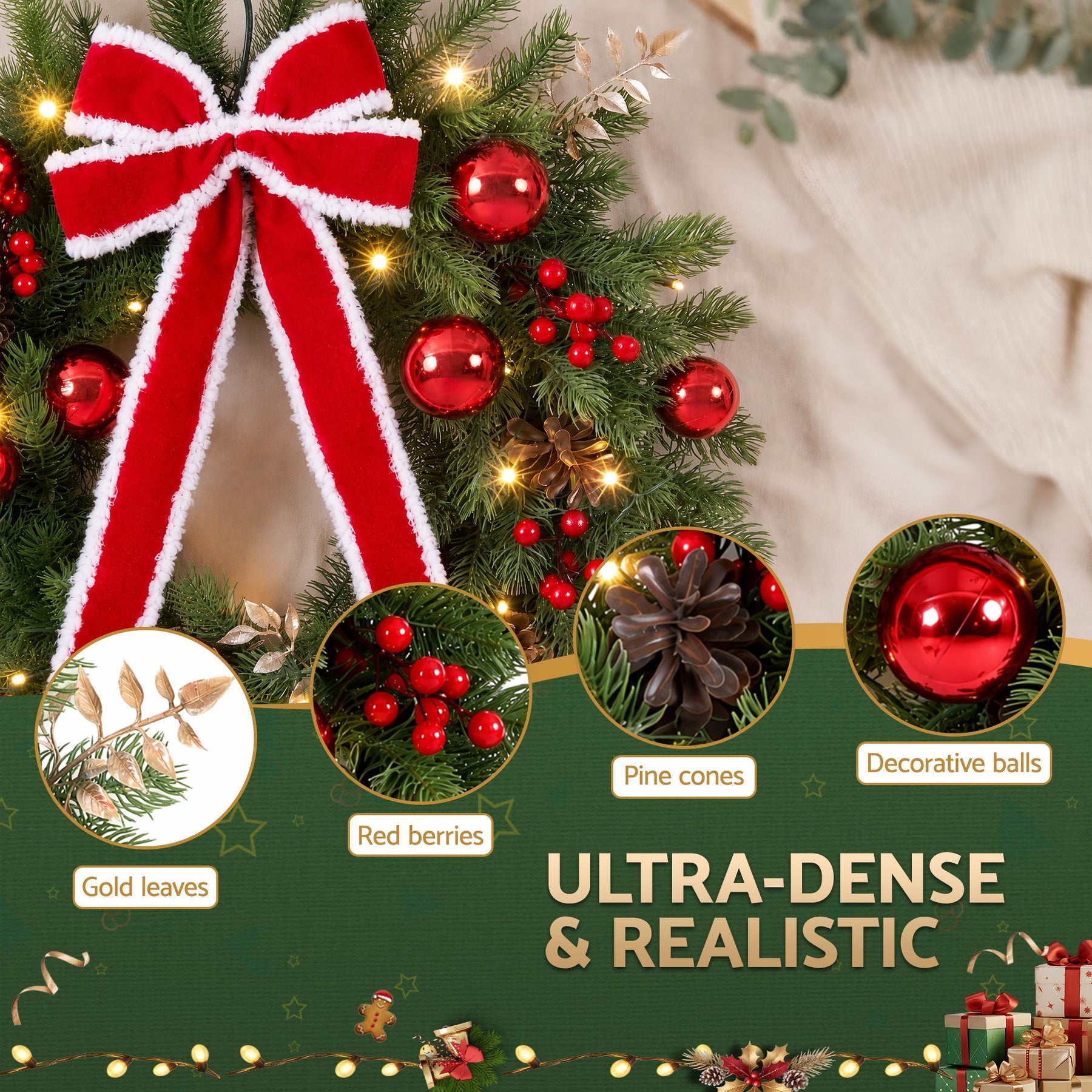 Jingle Jollys 60cm Pre-lit Christmas Wreath Garlands LED Light Front Door Decor Bow - SportZone.co.nz