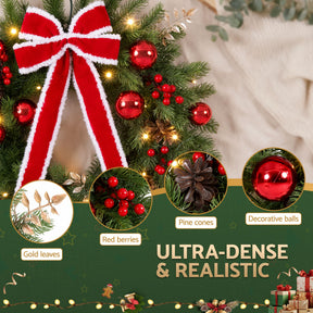 Jingle Jollys 60cm Pre-lit Christmas Wreath Garlands LED Light Front Door Decor Bow - SportZone.co.nz