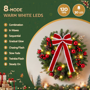 Jingle Jollys 60cm Pre-lit Christmas Wreath Garlands LED Light Front Door Decor Bow - SportZone.co.nz