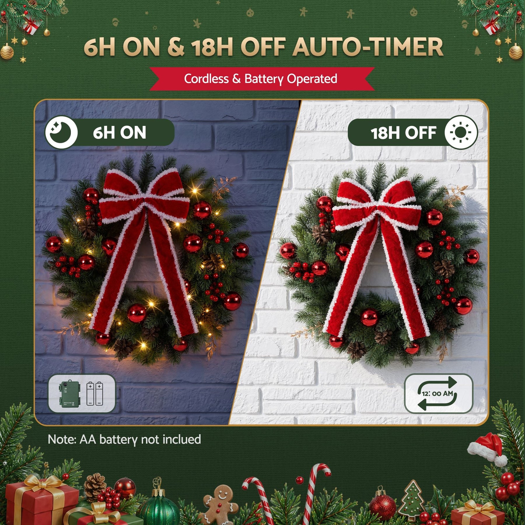 Jingle Jollys 60cm Pre-lit Christmas Wreath Garlands LED Light Front Door Decor Bow - SportZone.co.nz