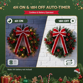 Jingle Jollys 60cm Pre-lit Christmas Wreath Garlands LED Light Front Door Decor Bow - SportZone.co.nz