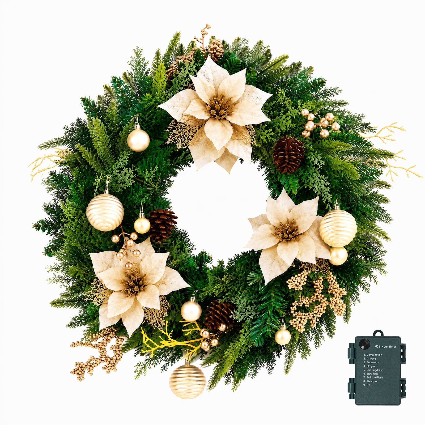 Jingle Jollys 60cm Pre-Lit Christmas Wreath LED Garlands Gold Flowers Pinecones Decor - SportZone.co.nz