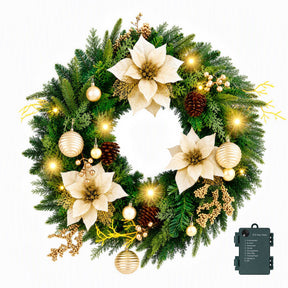 Jingle Jollys 60cm Pre-Lit Christmas Wreath LED Garlands Gold Flowers Pinecones Decor - SportZone.co.nz