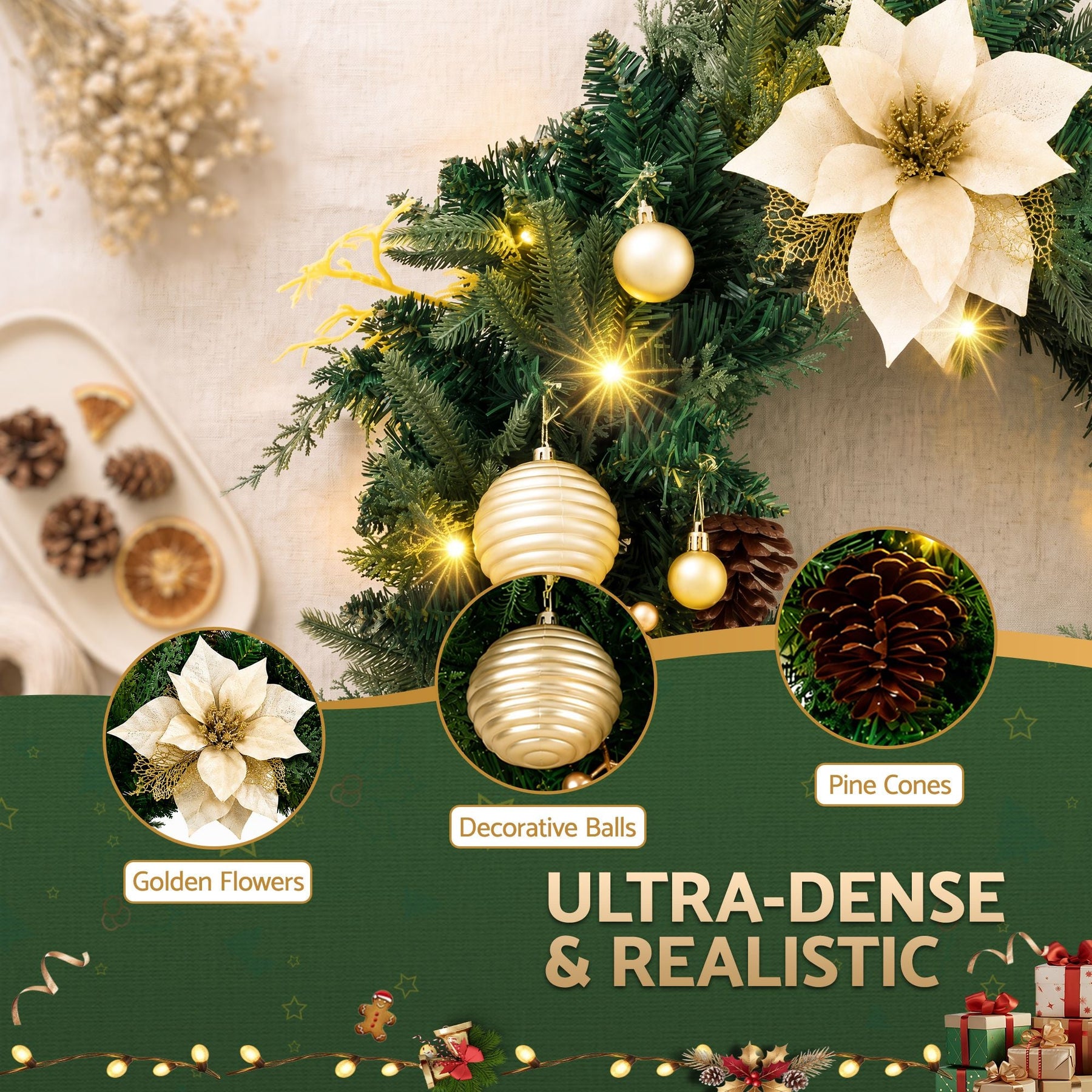 Jingle Jollys 60cm Pre-Lit Christmas Wreath LED Garlands Gold Flowers Pinecones Decor - SportZone.co.nz