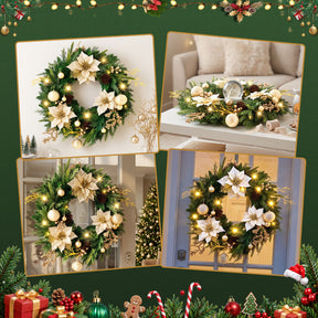 Jingle Jollys 60cm Pre-Lit Christmas Wreath LED Garlands Gold Flowers Pinecones Decor - SportZone.co.nz